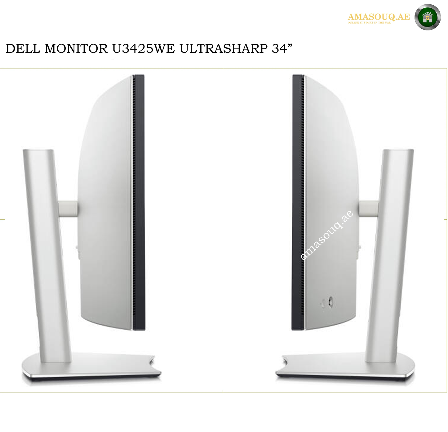 Dell U3425WE Height Adjustable Tilt Swivel Monitor Stand. Two views of a Dell monitor U3425WE ultrasharp 34-inch model, showing the front and back of the silver stand with a black bezel, on a white background with text overlays.