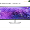 Dell U3824DW 38-inch curved WQHD+ monitor. Dell Monitor U3824DW 38" Curved USB-C Hub shown on a white background with product text at the top and an Amazon-style watermark on the screen.