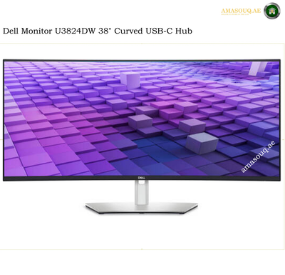 Dell U3824DW 38-inch curved WQHD+ monitor. Dell Monitor U3824DW 38" Curved USB-C Hub shown on a white background with product text at the top and an Amazon-style watermark on the screen.