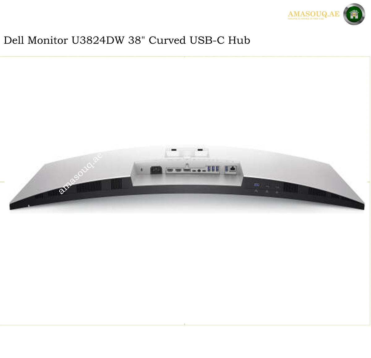 Dell U3824DW HDMI DisplayPort USB and RJ45 ports. A Dell Monitor U3824DW 38" Curved USB-C Hub shown from the back on a white background, featuring a curved silver aluminum chassis with a built-in power adapter and multiple USB-C and USB-A ports.