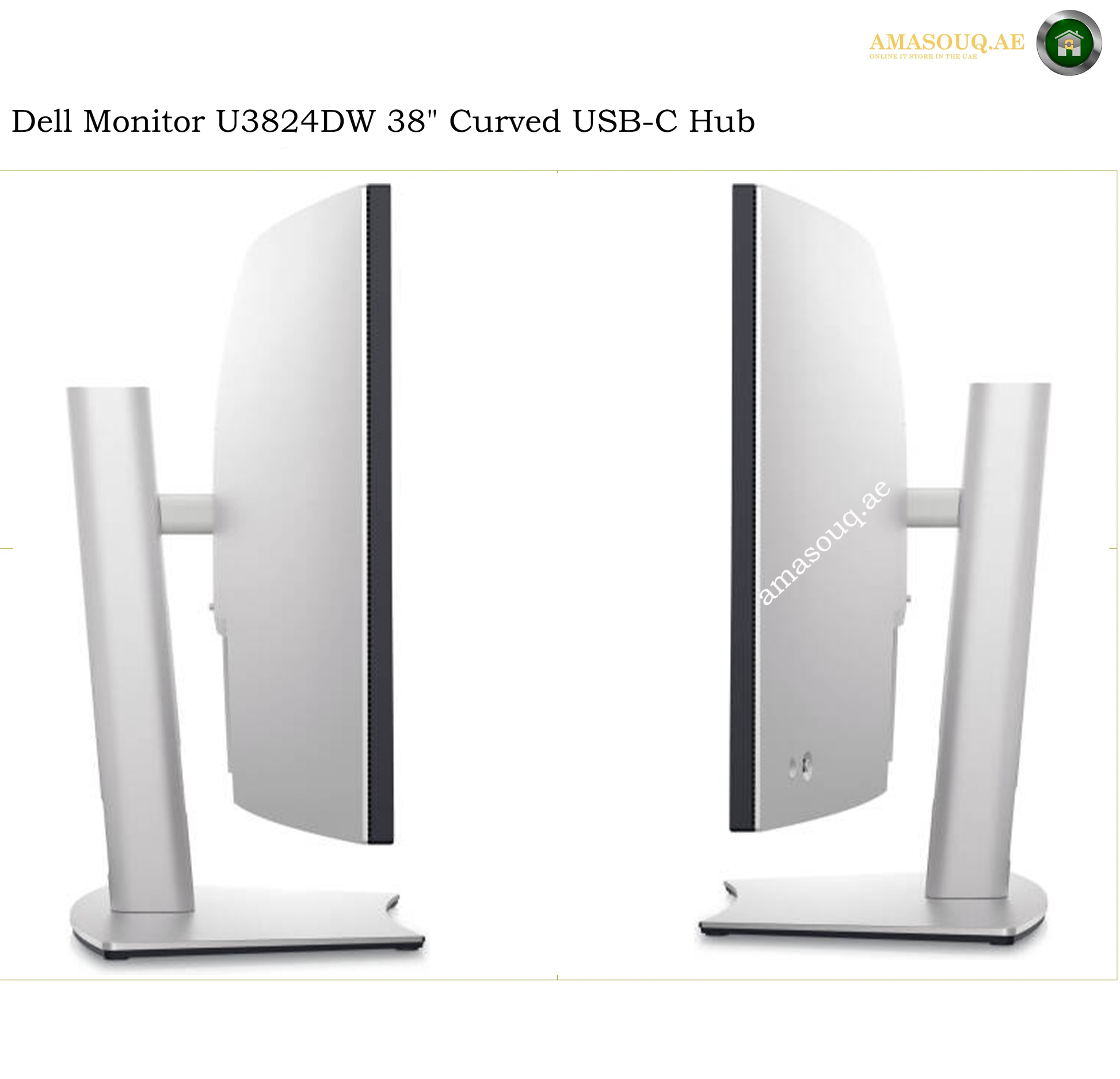 Dell U3824DW height adjustable ergonomic stand. Two views of a Dell Monitor U3824DW 38" curved USB-C hub on a white background, showing the front and side profiles of the silver monitor stand.