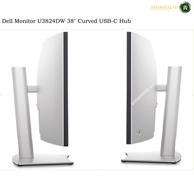 Dell U3824DW height adjustable ergonomic stand. Two views of a Dell Monitor U3824DW 38" curved USB-C hub on a white background, showing the front and side profiles of the silver monitor stand.