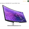 Dell monitor U3824DW 38-inch curved USB-C hub shown on a white background with a black bezel and silver stand. The screen displays a purple and blue 3D geometric wallpaper.
