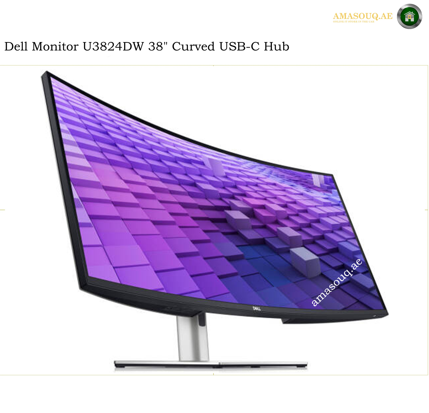Dell monitor U3824DW 38-inch curved USB-C hub shown on a white background with a black bezel and silver stand. The screen displays a purple and blue 3D geometric wallpaper.
