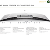 Dell U3824DW USB-C 90W Power Delivery port. A Dell monitor stand U3824DW 38" curved USB-C hub diagram with a top-down view of the stand and a numbered list of included ports and accessories below, on a white background with AMASOUQAE branding.
