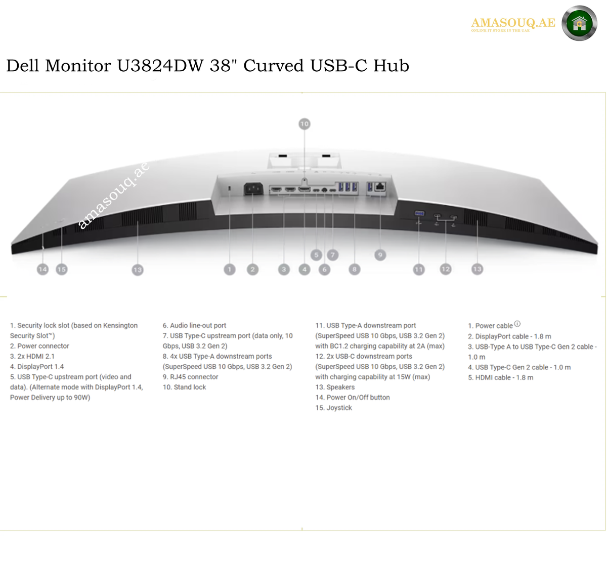 Dell U3824DW USB-C 90W Power Delivery port. A Dell monitor stand U3824DW 38" curved USB-C hub diagram with a top-down view of the stand and a numbered list of included ports and accessories below, on a white background with AMASOUQAE branding.