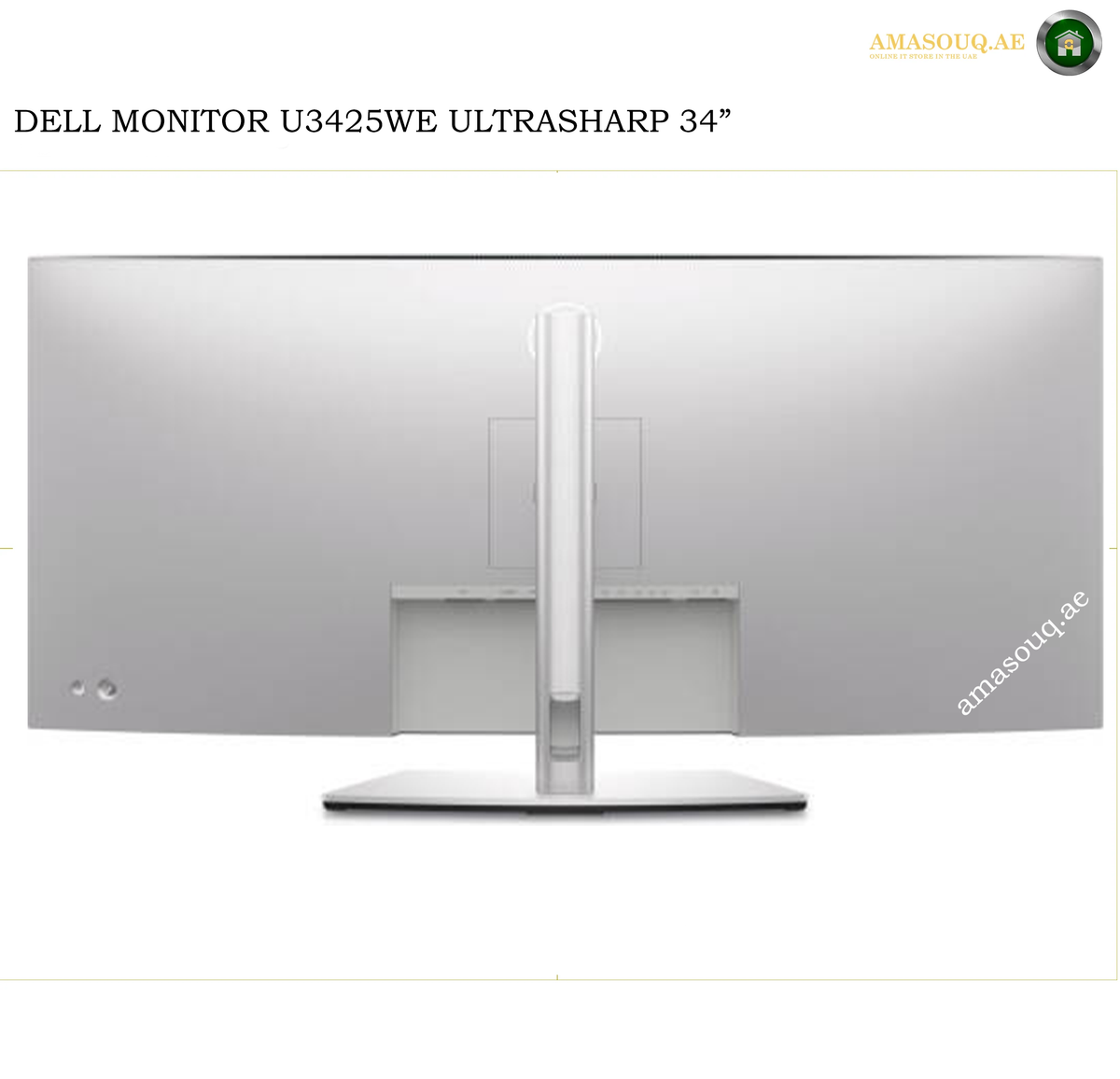 Dell U3824DW 38-inch UltraWide professional monitor. A Dell monitor U3425WE ultrasharp 34-inch model shown from the back, featuring a silver aluminum chassis and a central stand, set against a plain white background with text overlays.
