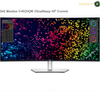Dell U4025QW 40 inch 5K2K curved monitor. Dell monitor U4025QW UltraSharp 40" Curved with a silver stand, shown on a white background with a colorful abstract screen wallpaper.