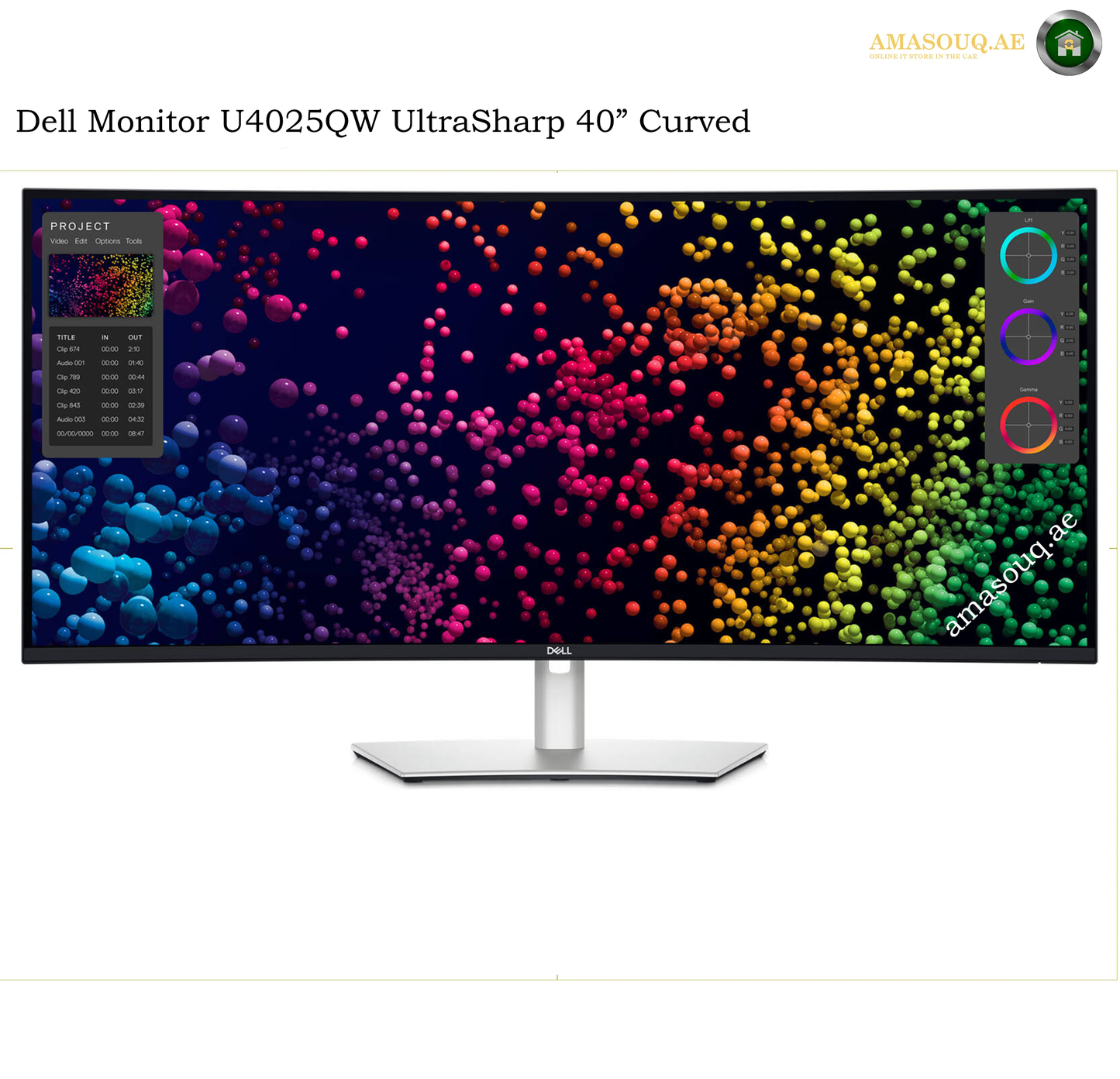 Dell U4025QW 40 inch 5K2K curved monitor. Dell monitor U4025QW UltraSharp 40" Curved with a silver stand, shown on a white background with a colorful abstract screen wallpaper.