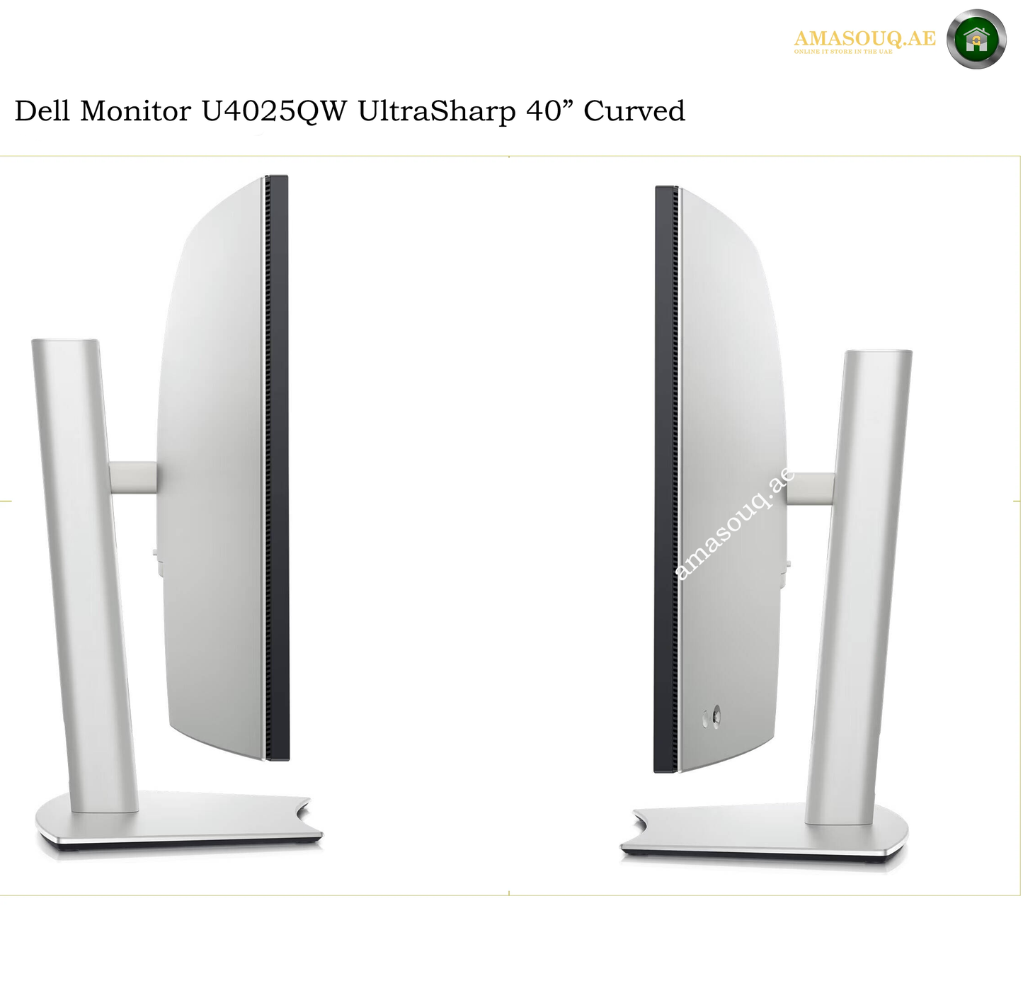Dell U4025QW height adjustable ergonomic monitor stand. Dell Monitor U4025QW UltraSharp 40" Curved shown from the front and back angles on a white background, with text overlay at the top and a watermark on the side.
