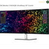 Dell U4025QW front view 5K2K UltraSharp monitor. Dell monitor U4025QW UltraSharp 40" Curved with a wide screen, silver stand, and a colorful particle display on the screen, shown on a white background with text overlays.