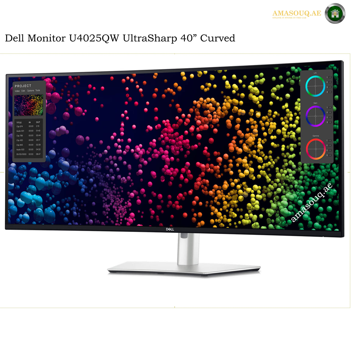 Dell U4025QW front view 5K2K UltraSharp monitor. Dell monitor U4025QW UltraSharp 40" Curved with a wide screen, silver stand, and a colorful particle display on the screen, shown on a white background with text overlays.