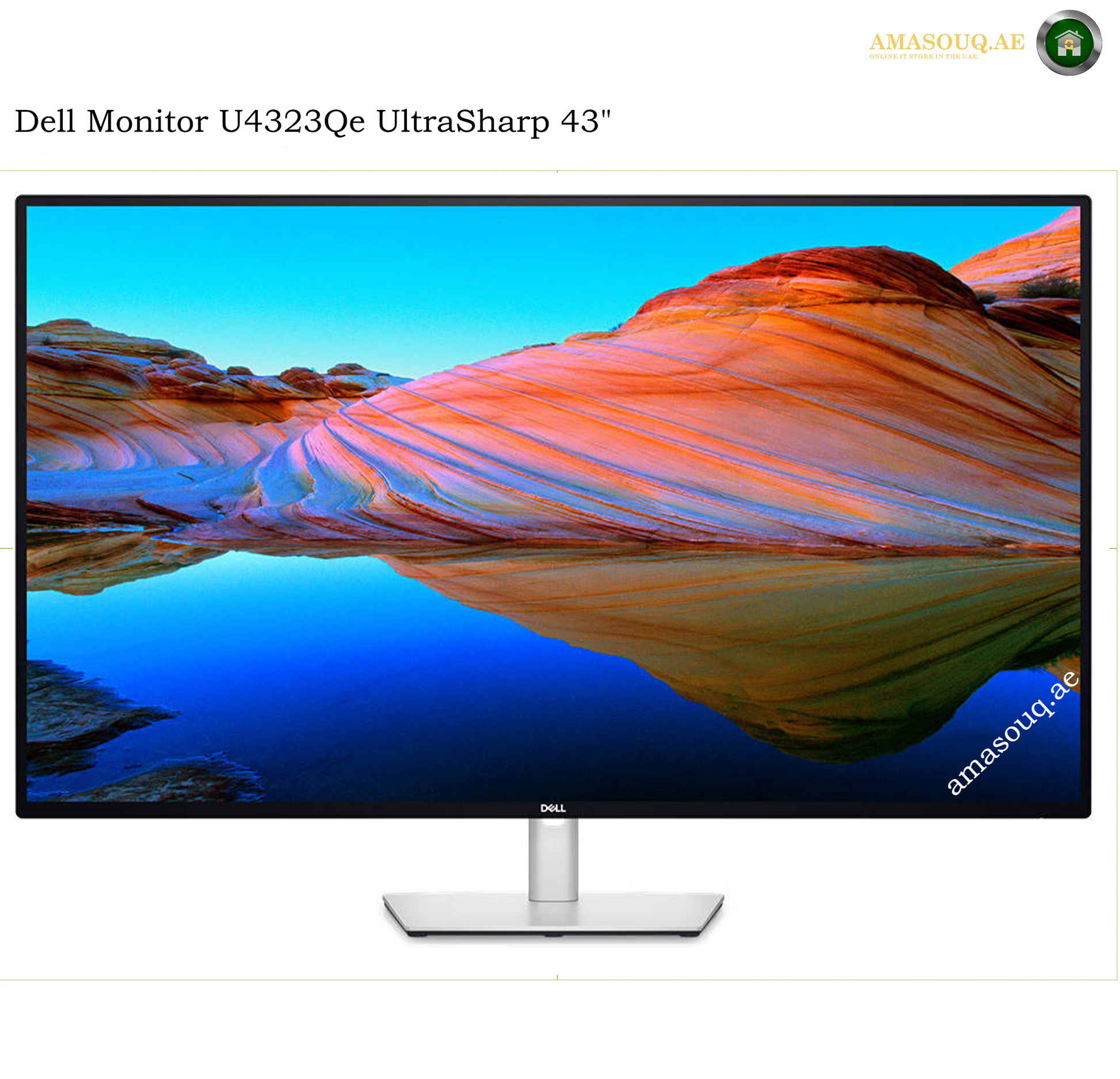 Dell U4323QE 43 inch 4K UHD monitor. Dell Monitor U4323Qe UltraSharp 43-inch desktop monitor with a slim black bezel and silver stand, displaying a colorful desert landscape on a white background.