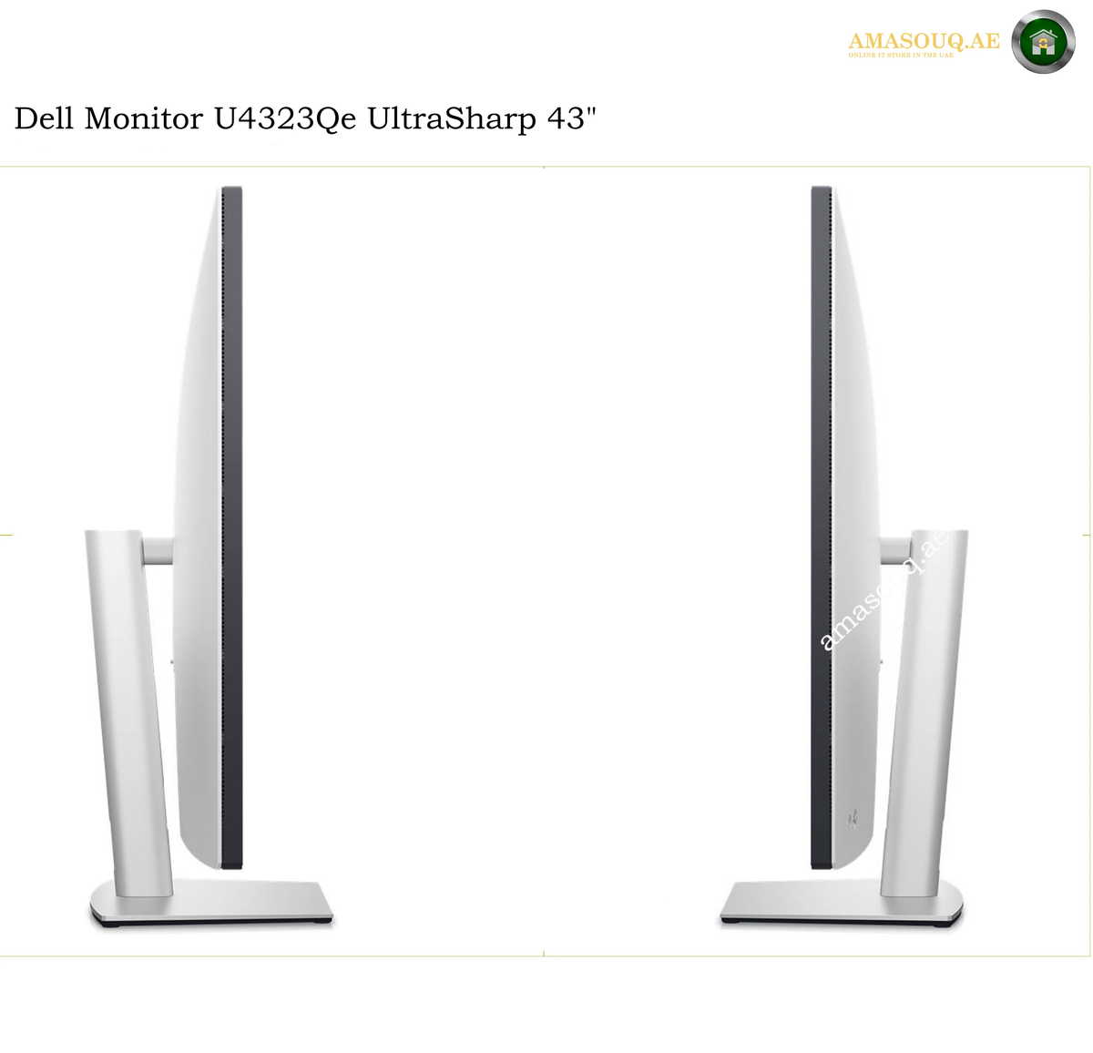 Dell U4323QE height adjustable ergonomic monitor. Two side views of a Dell monitor U4323Qe UltraSharp 43 inches on a white background, showing the thin bezel and stand from the left and right edges.