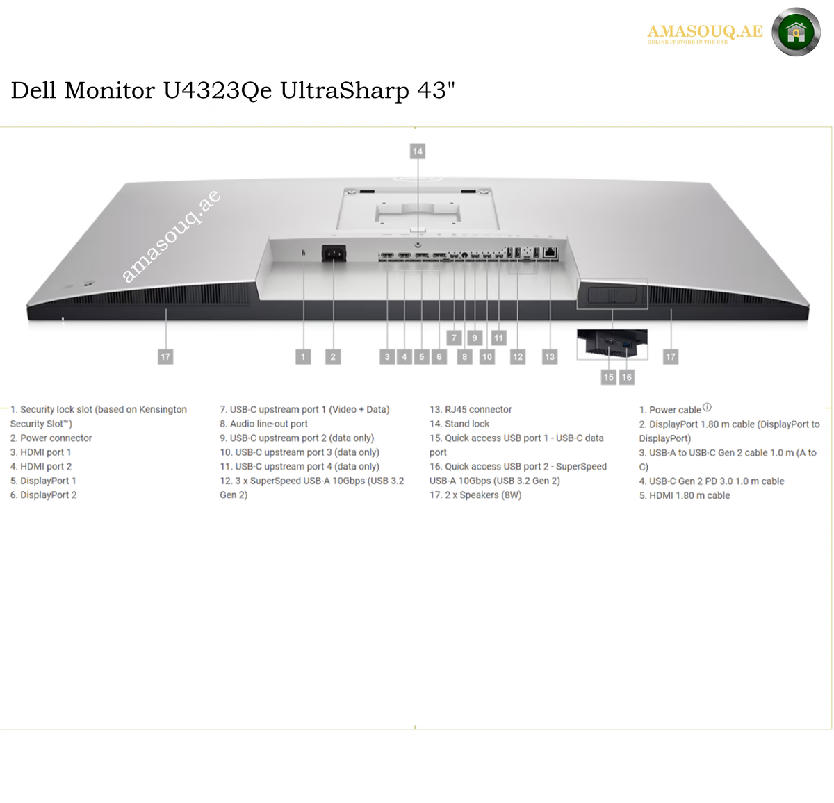 Dell U4323QE Ethernet USB HDMI DisplayPort ports. Technical specification and pinout diagram of a Dell Monitor U4232Qe (UltraSharp 43") screen, showing labeled parts, ports, and cable connections on a white background with the Amasouq brand logo.