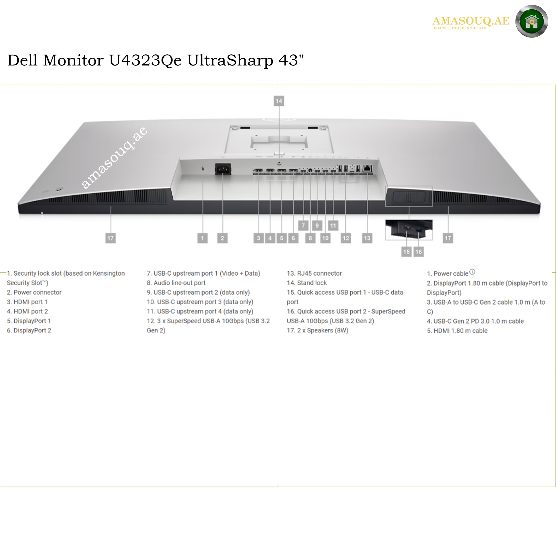 Dell U4323QE Ethernet USB HDMI DisplayPort ports. Technical specification and pinout diagram of a Dell Monitor U4232Qe (UltraSharp 43") screen, showing labeled parts, ports, and cable connections on a white background with the Amasouq brand logo.