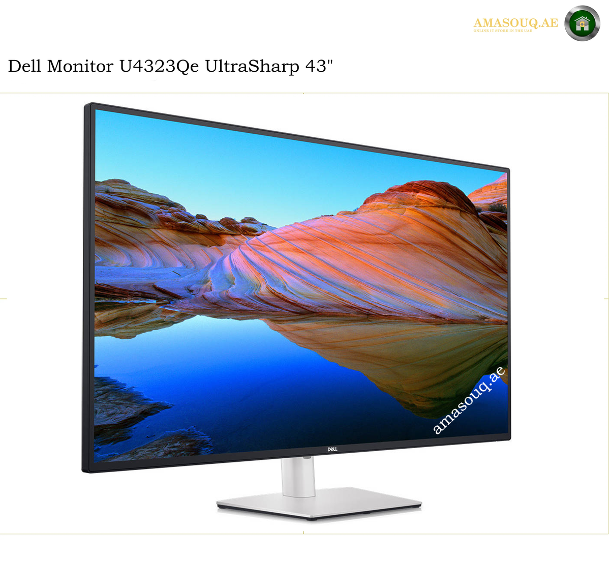 Dell U4323QE front view 4K IPS monitor. Dell monitor U43233Qe UltraSharp 43-inch display shown at an angle on a white background, featuring a colorful desert landscape wallpaper on the screen and a silver stand.
