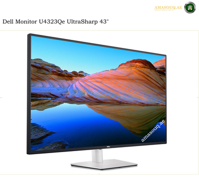 Dell U4323QE front view 4K IPS monitor. Dell monitor U43233Qe UltraSharp 43-inch display shown at an angle on a white background, featuring a colorful desert landscape wallpaper on the screen and a silver stand.