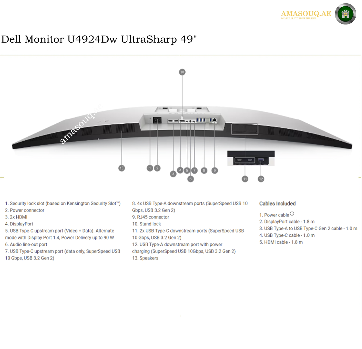 Dell U4924DW 2.5GbE USB HDMI DisplayPort ports. A technical specification and diagram sheet for the Dell Monitor U4924Dw UltraSharp 49-inch monitor, showing a side-by-side front and back view with labeled parts, cable inclusion list, and ASAMOUS.AE branding.