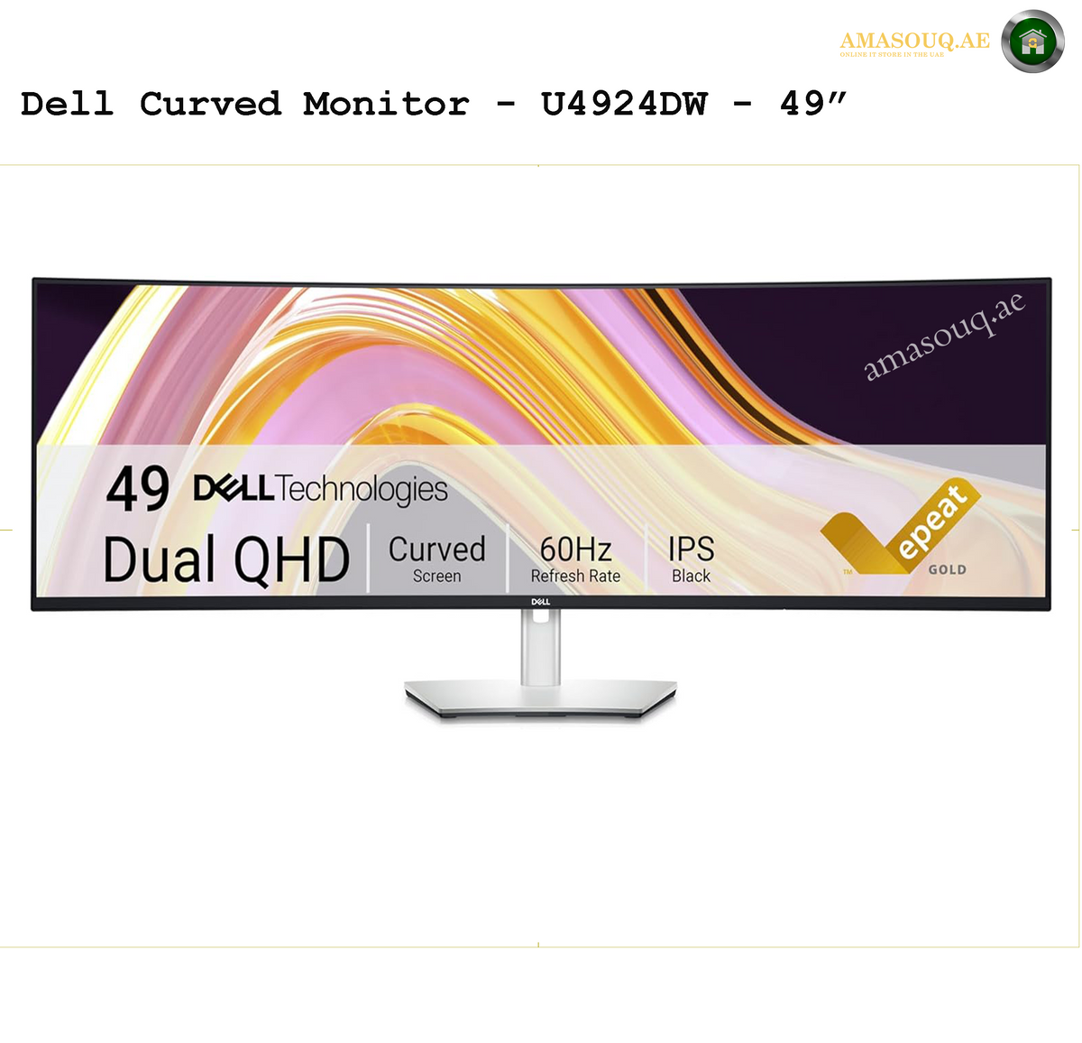 dell-u4924dw-front-view. Dell curved monitor U4924DW with colorful display on a white background