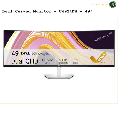 Dell U4924DW front view 49 inch ultrawide monitor. Dell curved monitor U4924DW with colorful display on a white background