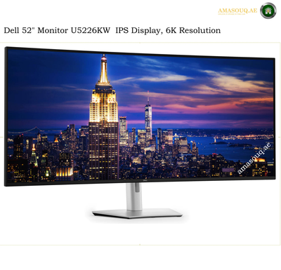 Dell U5226KW 52 inch 6K UltraSharp monitor. Dell 52-inch monitor U5226KW IPS display, 6K resolution, shown on a white background with a city skyline displayed on the screen.