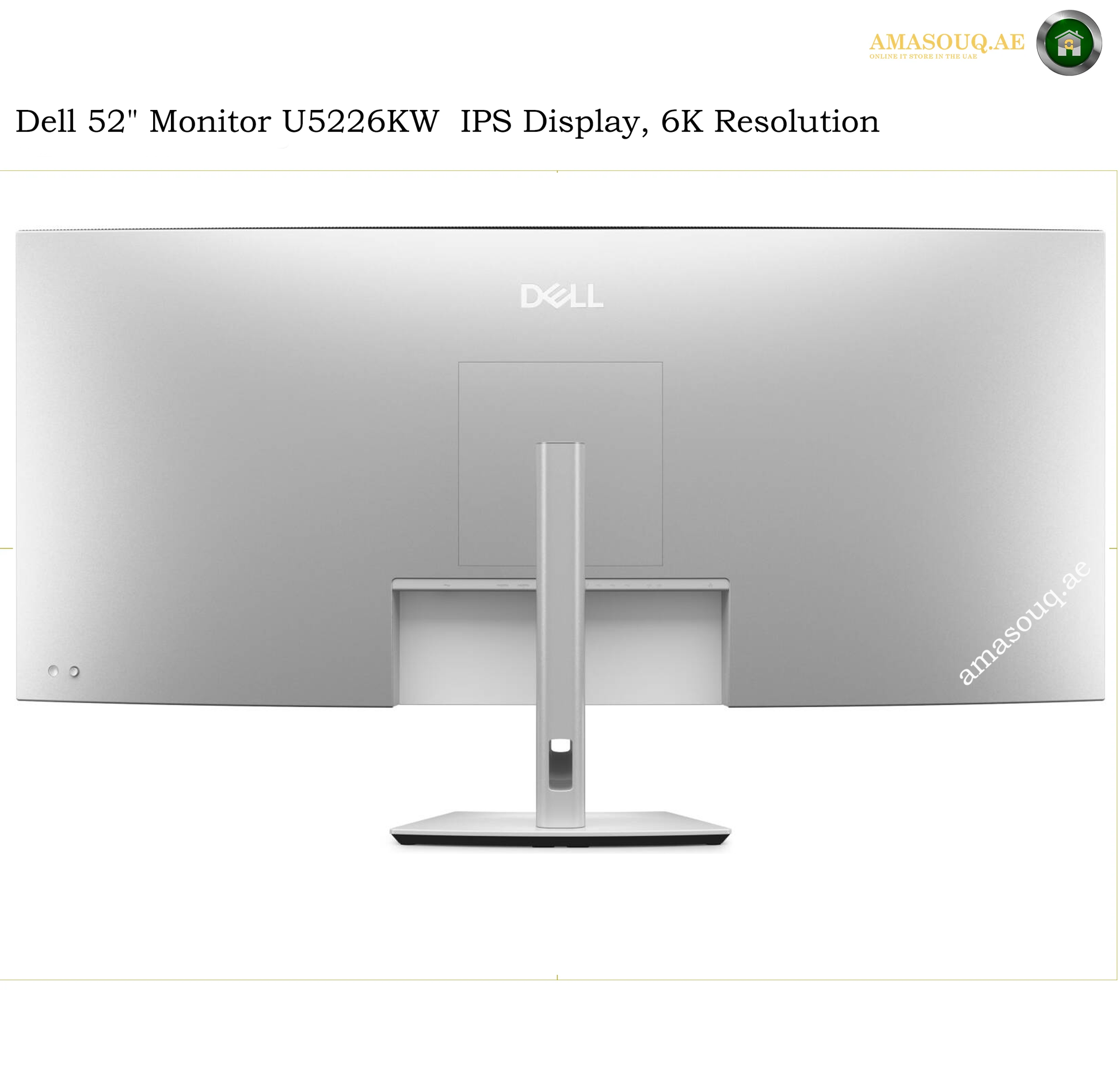 Dell U5226KW rear view Thunderbolt monitor. Dell 52-inch monitor U5226KW IPS display, 6K resolution, shown from the front on a white background with text overlay at the top.