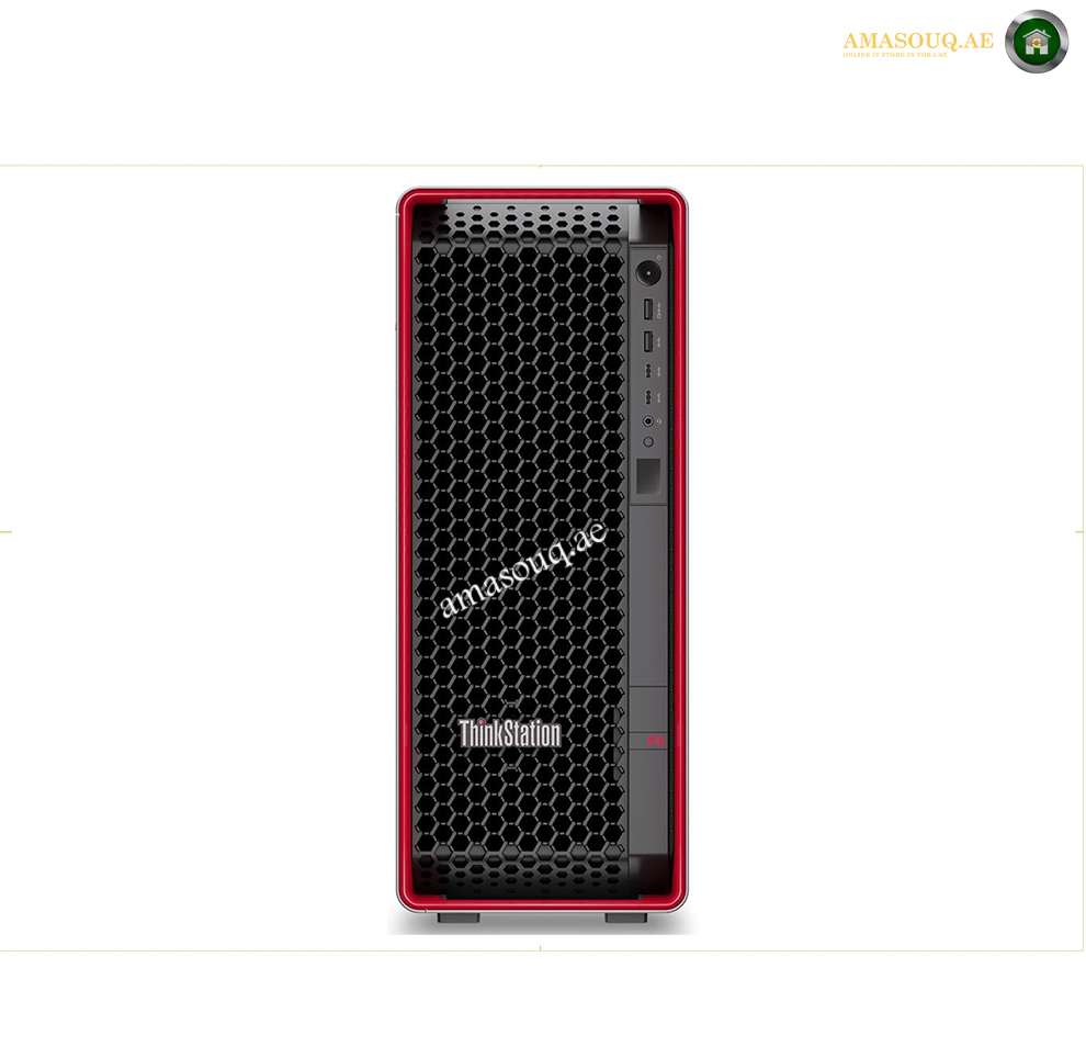 A ThinkStation desktop computer tower in red and black, featuring a honeycomb-patterned front grille and a vertical side panel with ports, shown on a white background with a watermark.