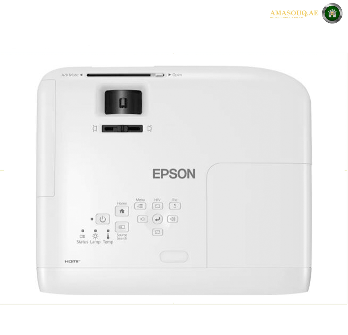 Epson EB-E24 White Business and Education Projector Front View | EB-E24. Epson projector rear view in white, showing the lens, buttons, and ports on a white background.