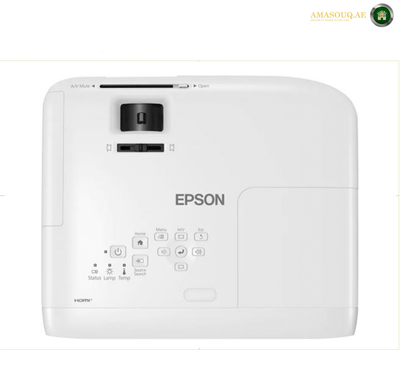 Epson EB-E24 White Business and Education Projector Front View | EB-E24. Epson projector rear view in white, showing the lens, buttons, and ports on a white background.