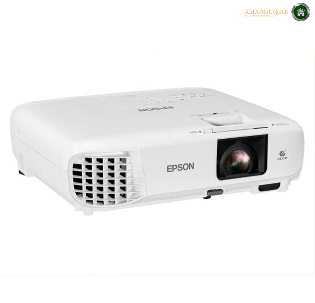 Epson EB-E24 Projection Lens and 3LCD Display System | EB-E24. An Epson projector in white, shown from a three-quarters angle on a white background.