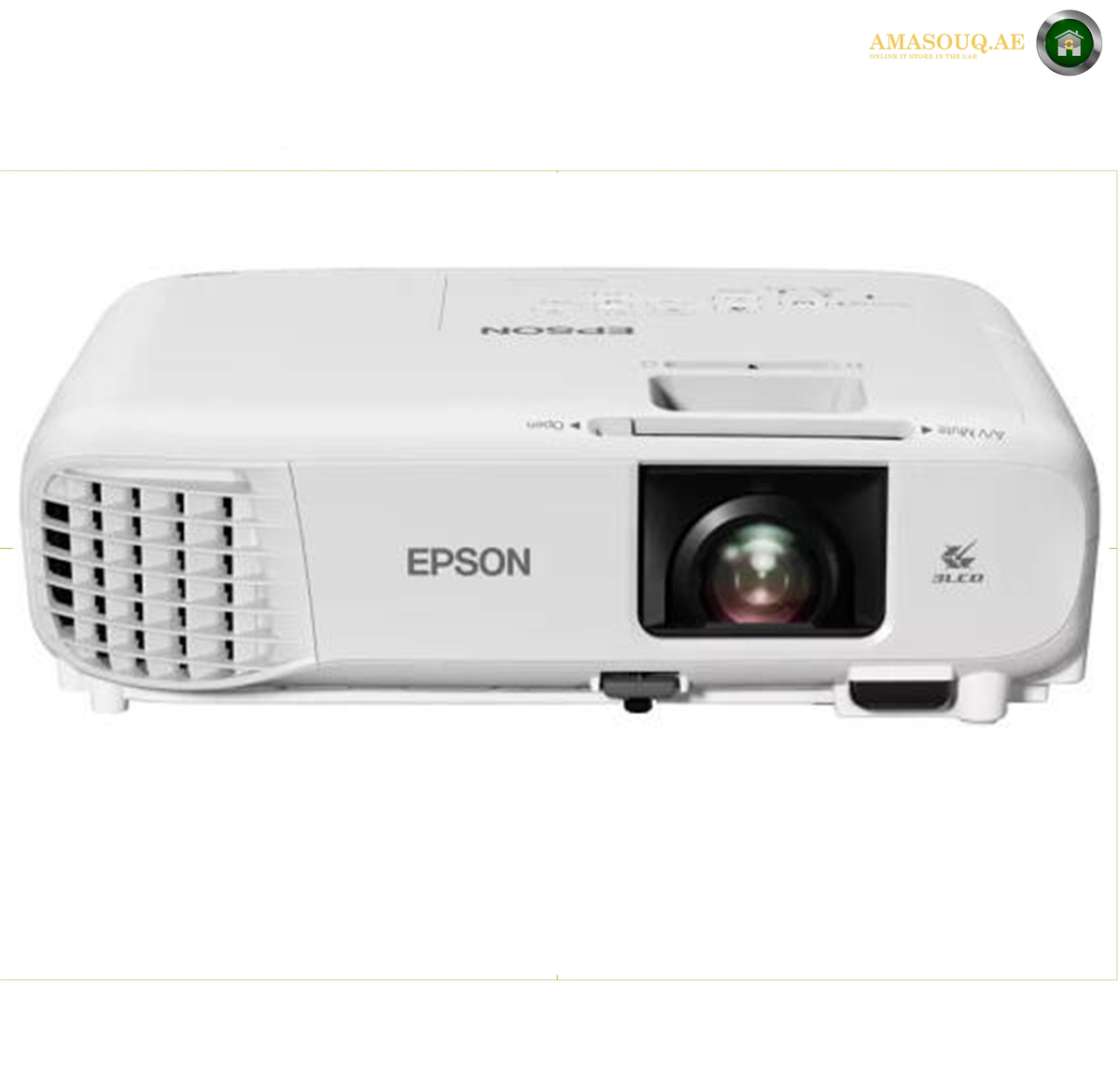 Epson EB-E24 Compact Portable XGA Projector Side View | EB-E24. An Epson DLP projector in white, shown from a front three-quarter angle against a white background.