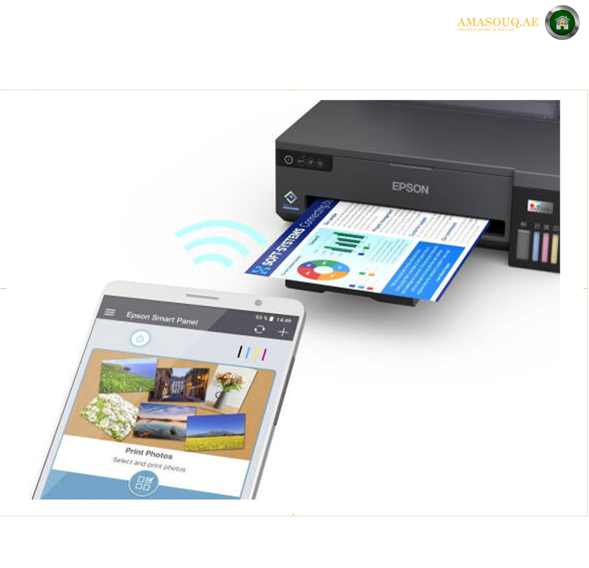 Epson EcoTank L11050 A3 Wi-Fi Colour Ink Tank Printer | L11050. An Epson printer with a paper tray and a printed sheet emerging from the front, shown next to a smartphone displaying the Epson Smart Panel app. A wireless signal icon is between the phone and printer.