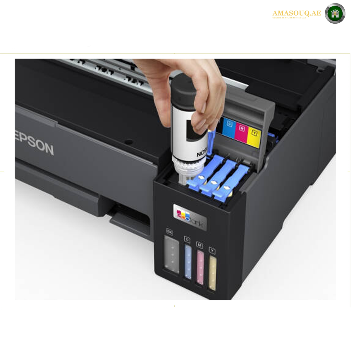 Epson EcoTank L11050 Large-Format A3 Colour Printing | L11050. An Epson printer with a hand inserting a refill cartridge into its ink tank area, shown on a white background with an Epson logo visible on the printer body.