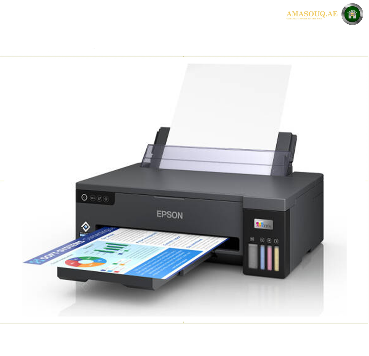 Epson EcoTank L11050 Front View A3 Colour Printer | L11050. An Epson all-in-one ink printer shown on a white background, with a sheet of paper in the top loader and a printed page emerging from the tray. The printer is dark gray/black with four color tanks visible on the side.