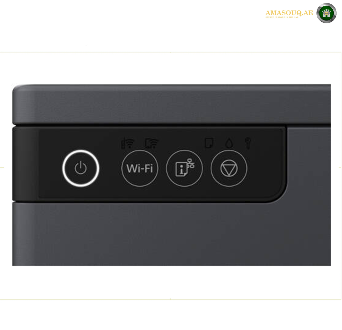Epson EcoTank L11050 Compact A3 Ink Tank Printer Side View | L11050. Close-up of a dark gray electronic device showing a control panel with power, Wi-Fi, and status icons.