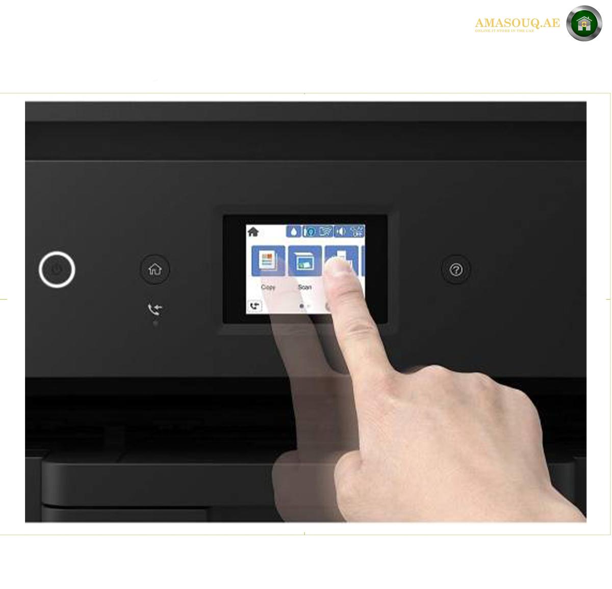 Epson EcoTank L14150 A3+ Large-Format Colour Printing | L14150. A close-up of a black printer control panel with a touchscreen display, showing a finger touching the screen. The image has a white border with an 'AMASOUQAE' watermark/logo in the top right corner.