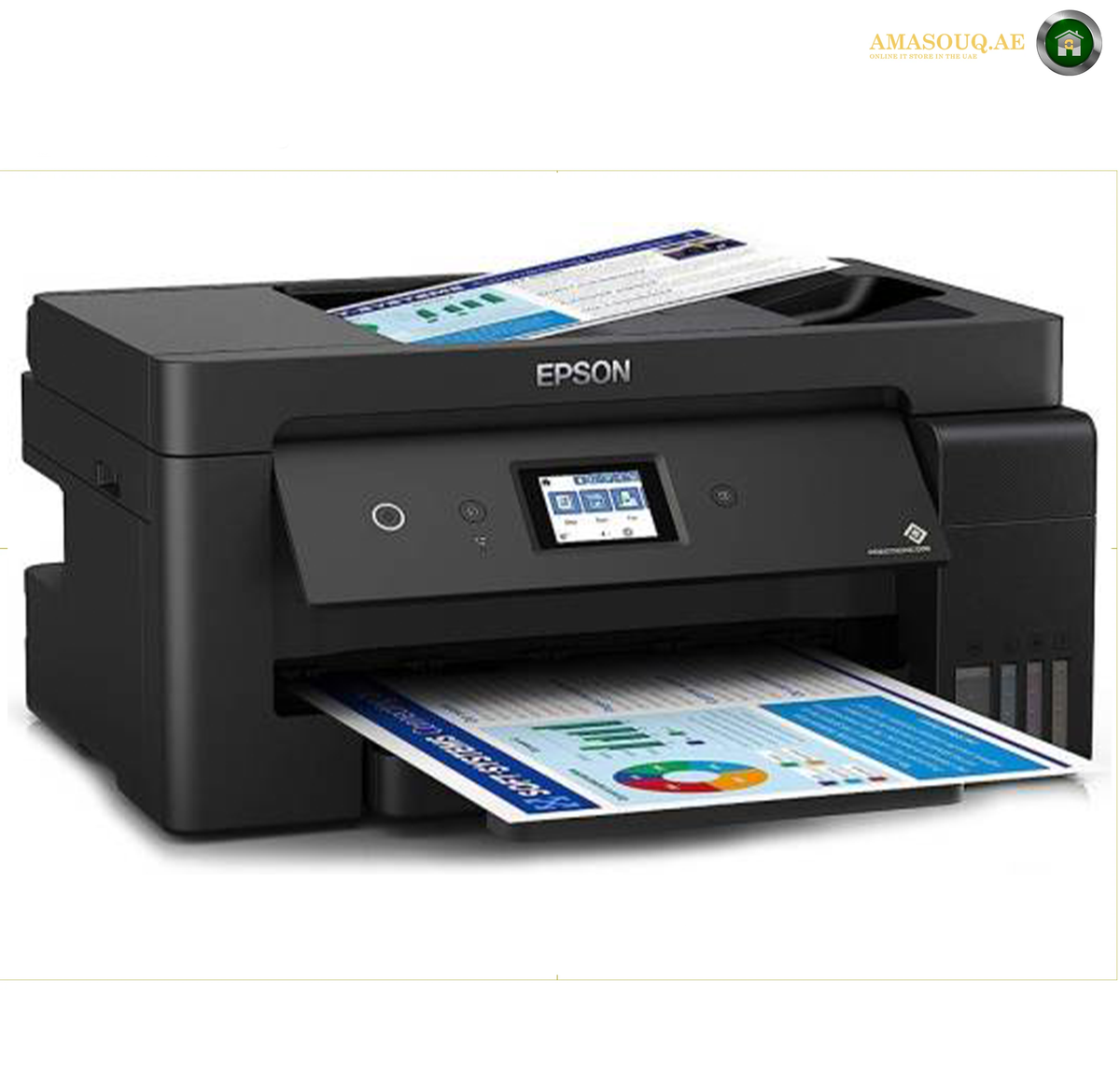 Epson EcoTank L14150 35-Sheet Automatic Document Feeder and Scanner | L14150. An Epson all-in-one wireless printer in black, shown with printed documents in the input and output trays against a white background.
