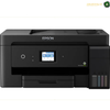 Epson EcoTank L14150 Front View Multifunction Colour Printer | L14150. An Epson printer in matte black, featuring a central color LCD screen, a paper tray at the bottom, and a water tank compartment on the right side with four ink cartridge ports.