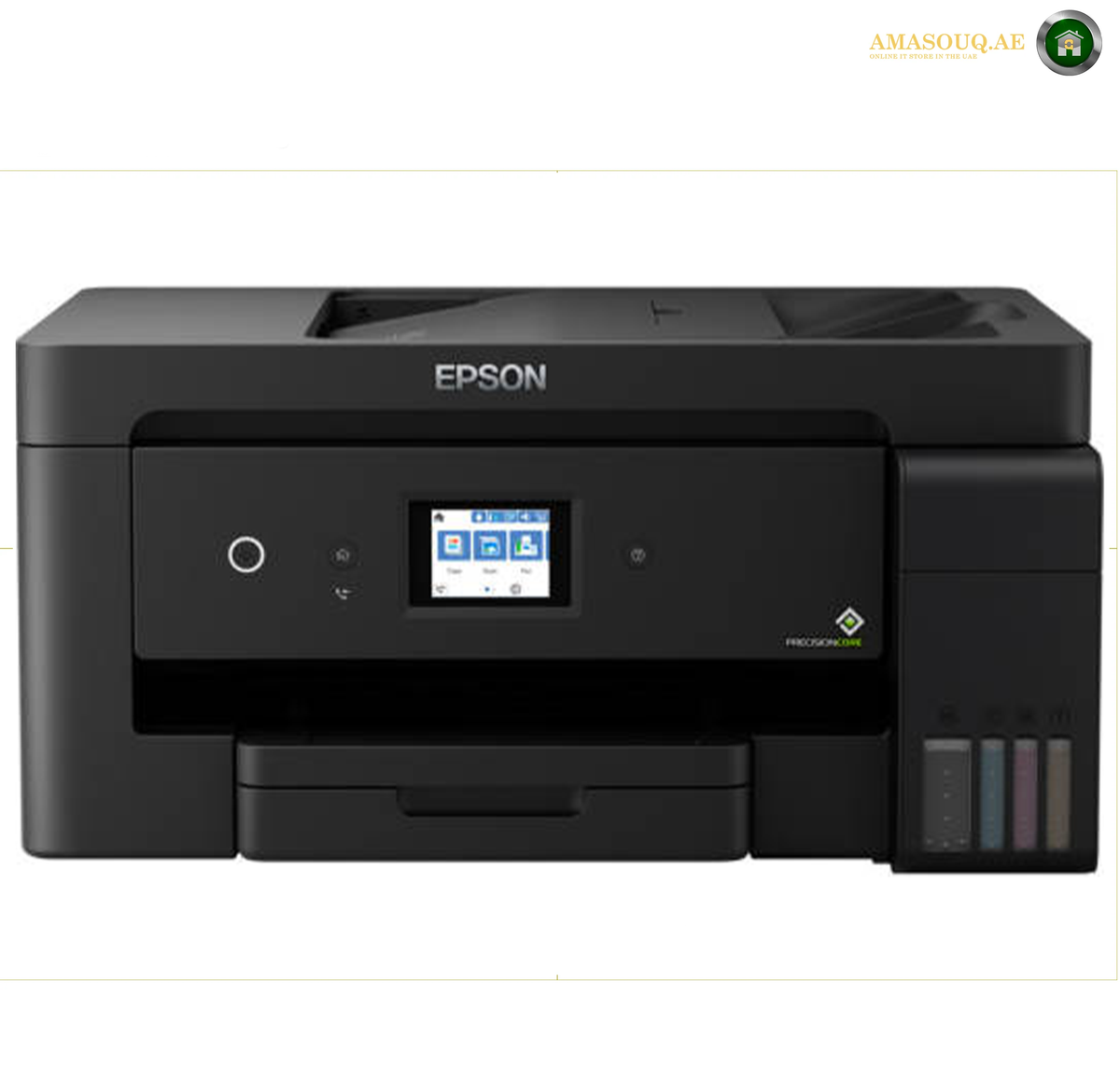 Epson EcoTank L14150 Front View Multifunction Colour Printer | L14150. An Epson printer in matte black, featuring a central color LCD screen, a paper tray at the bottom, and a water tank compartment on the right side with four ink cartridge ports.