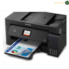 Epson EcoTank L14150 Refillable Black Cyan Magenta Yellow Ink Tanks | L14150. An Epson all-in-one wireless printer in black, shown with a document printed and emerging from the front tray. The Epson brand name is clearly visible on the front of the printer.