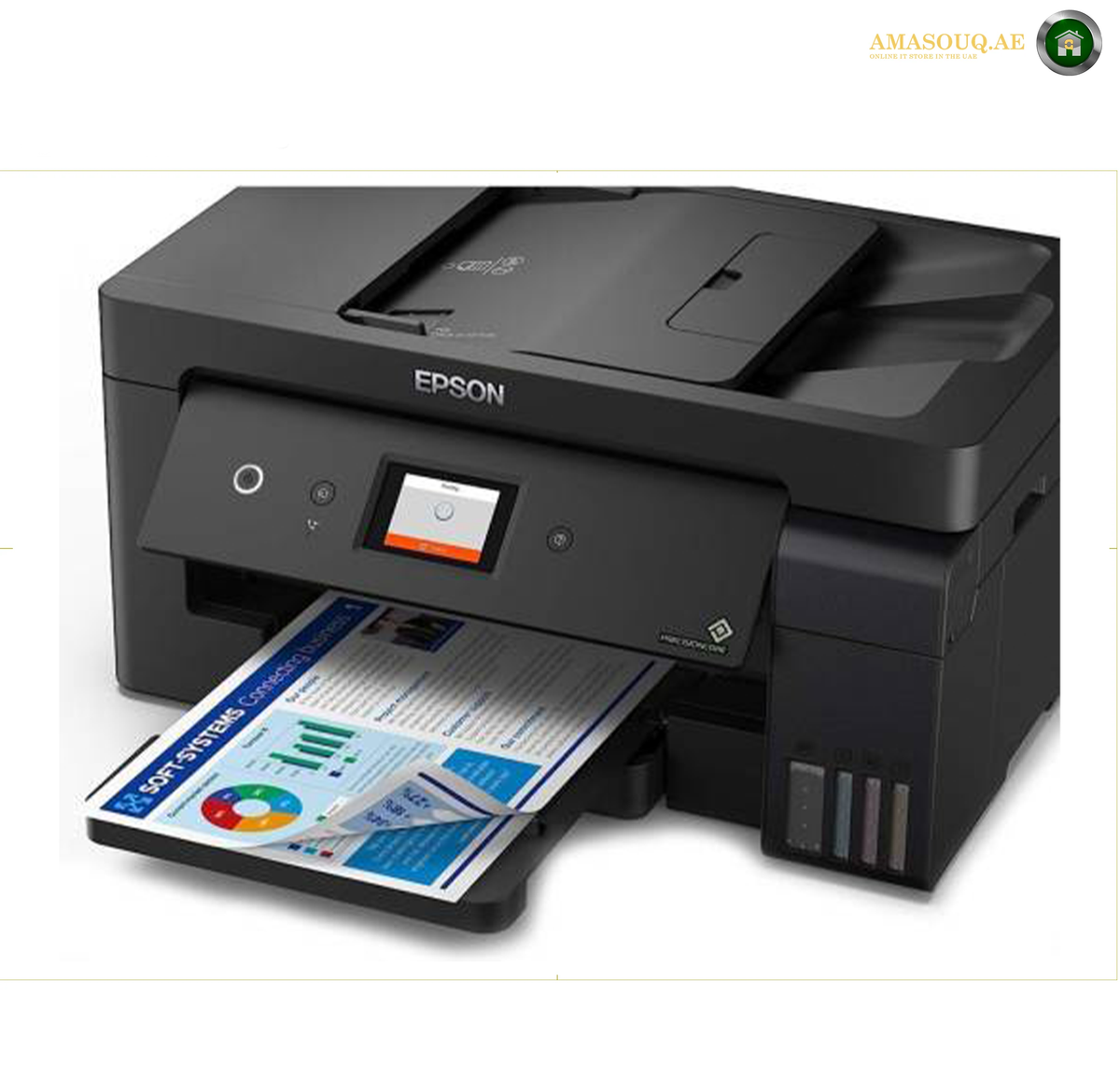 Epson EcoTank L14150 Refillable Black Cyan Magenta Yellow Ink Tanks | L14150. An Epson all-in-one wireless printer in black, shown with a document printed and emerging from the front tray. The Epson brand name is clearly visible on the front of the printer.