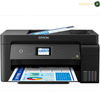 Epson EcoTank L14150 A3+ All-in-One Wi-Fi Ink Tank Printer | L14150. An Epson all-in-one wireless printer in black, shown with a paper tray open and a printed document emerging from the front. The Epson brand name is clearly visible on the top of the printer.