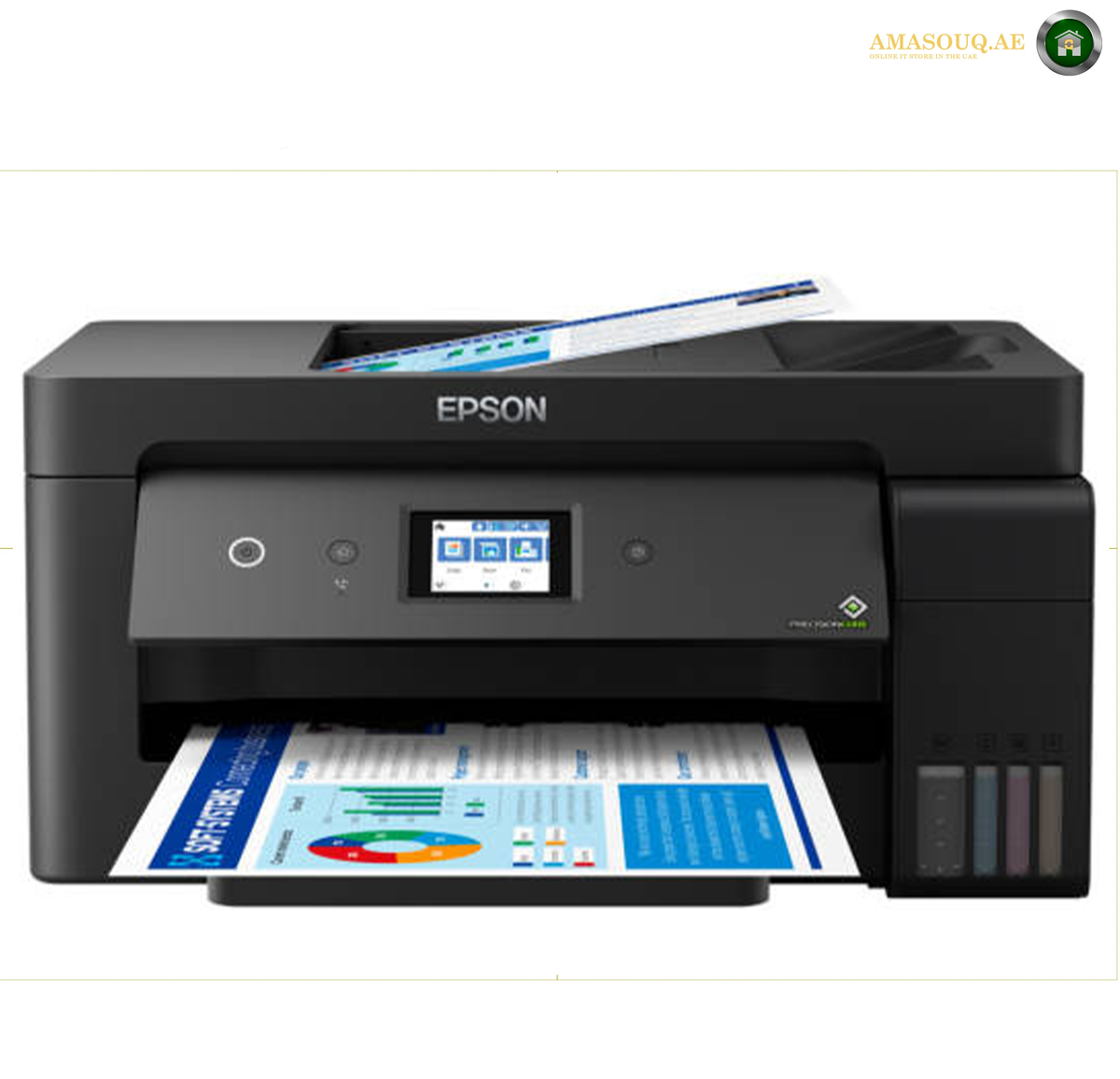 Epson EcoTank L14150 A3+ All-in-One Wi-Fi Ink Tank Printer | L14150. An Epson all-in-one wireless printer in black, shown with a paper tray open and a printed document emerging from the front. The Epson brand name is clearly visible on the top of the printer.