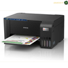 Epson EcoTank L3252 Front View Wireless Inkjet Printer | L3252. An Epson inkjet printer in black, shown with a sheet of printed paper coming out of the tray and four ink tanks visible on the front right. The Epson logo is clearly visible on the front of the printer.