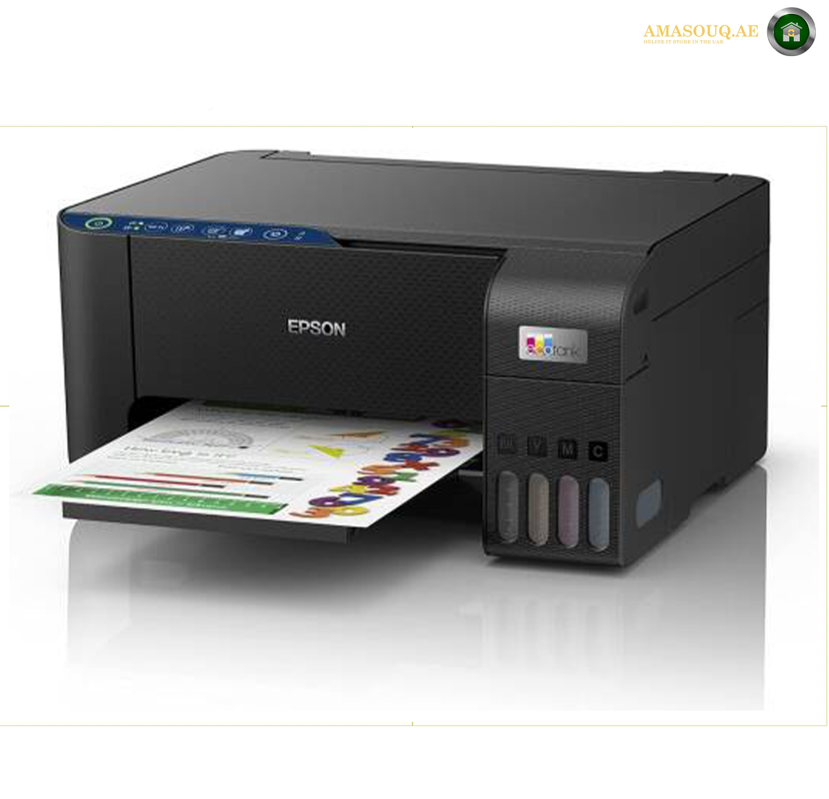 Epson EcoTank L3252 Front View Wireless Inkjet Printer | L3252. An Epson inkjet printer in black, shown with a sheet of printed paper coming out of the tray and four ink tanks visible on the front right. The Epson logo is clearly visible on the front of the printer.