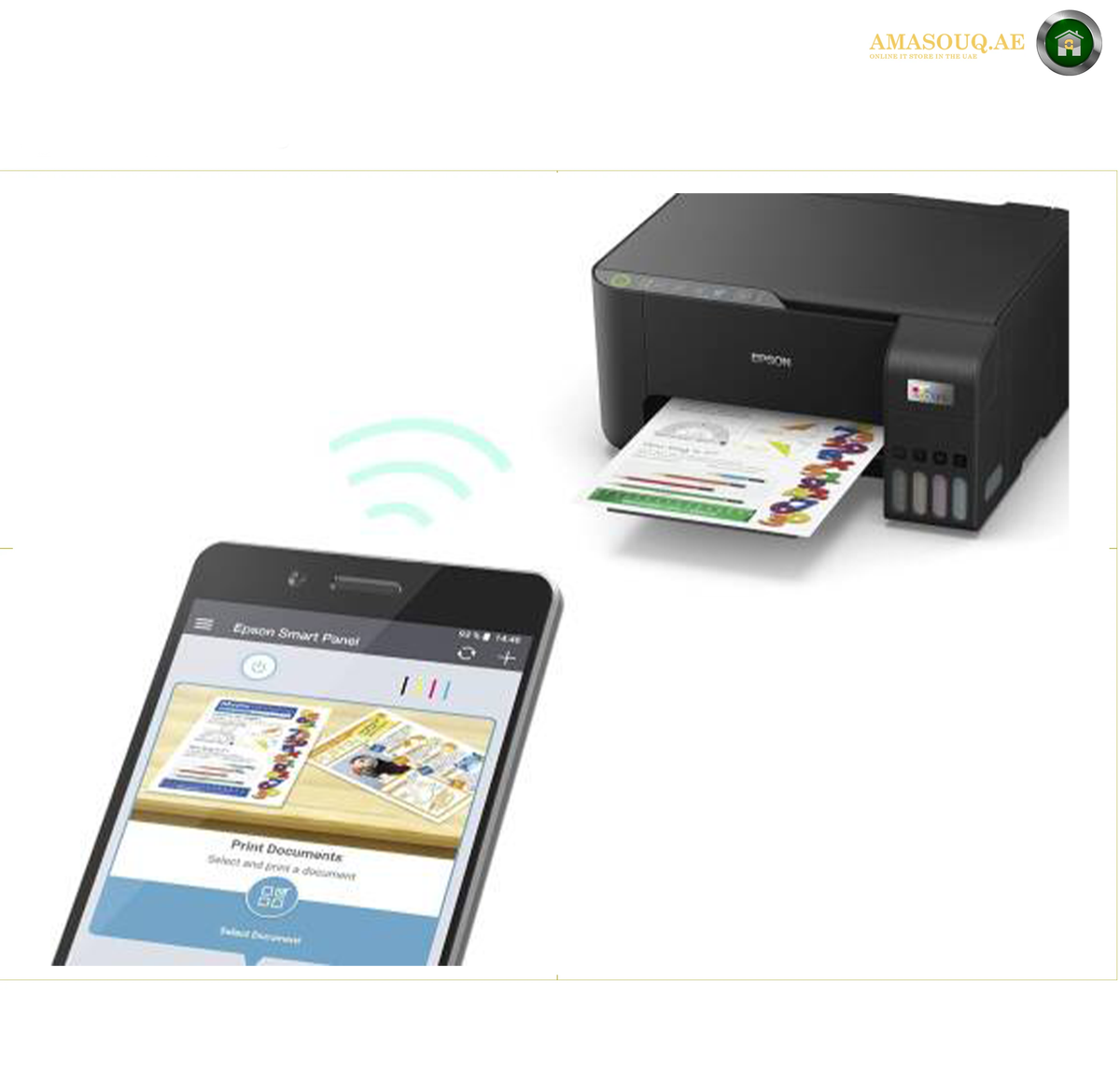 Epson EcoTank L3252 Compact Printer Side View | L3252. An Epson printer with a paper tray loaded with a colorful printout, shown alongside a smartphone displaying the Epson Smart Panel app, with a wireless signal icon between them on a white background.
