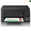 Epson EcoTank L3350 2-Pin Printer Front View | L3350. An Epson all-in-one ink printer in black, shown with a printed document emerging from the paper tray. The printer features four color indicator windows on the front right and a small Epson logo.