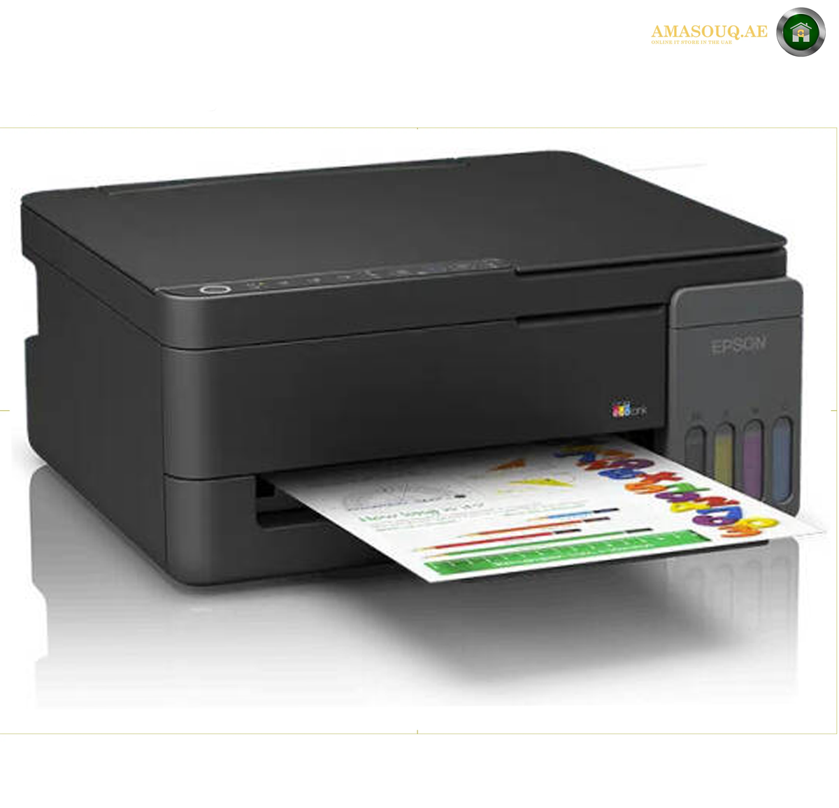 
Epson EcoTank L3350 Flatbed Scanner and Copier | L3350.An Epson all-in-one wireless printer in matte black, shown with a colorful printed sheet emerging from its paper tray. The Epson logo is visible on the front control panel and side.