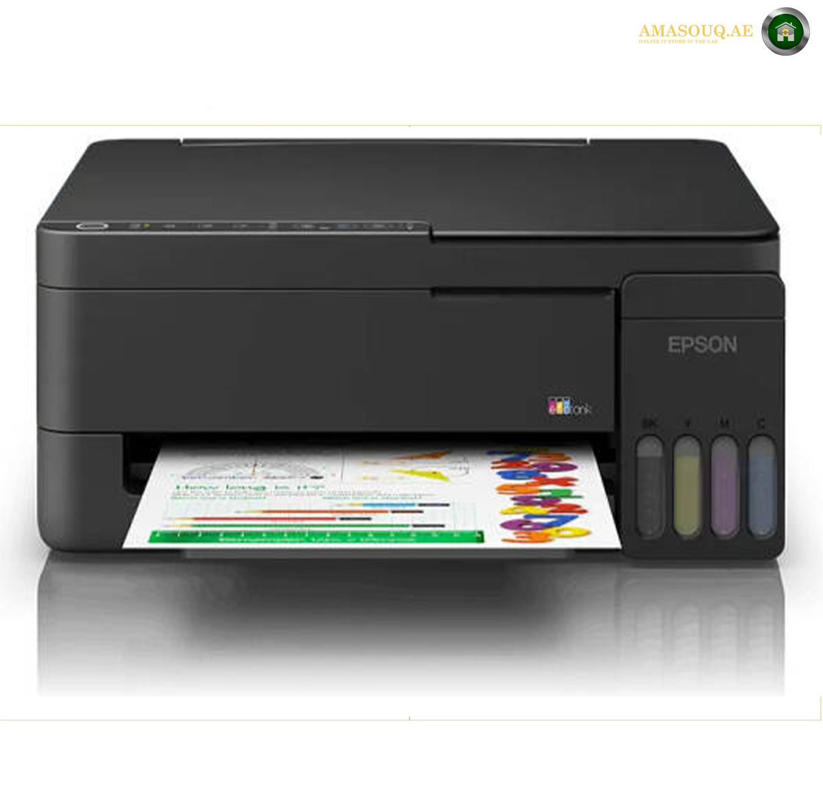 Epson EcoTank L3350 Front View Wireless Printer | L3350. An Epson all-in-one ink printer in black, shown with a printed document emerging from the paper tray. The printer features four color indicator windows on the front right and a small Epson logo.